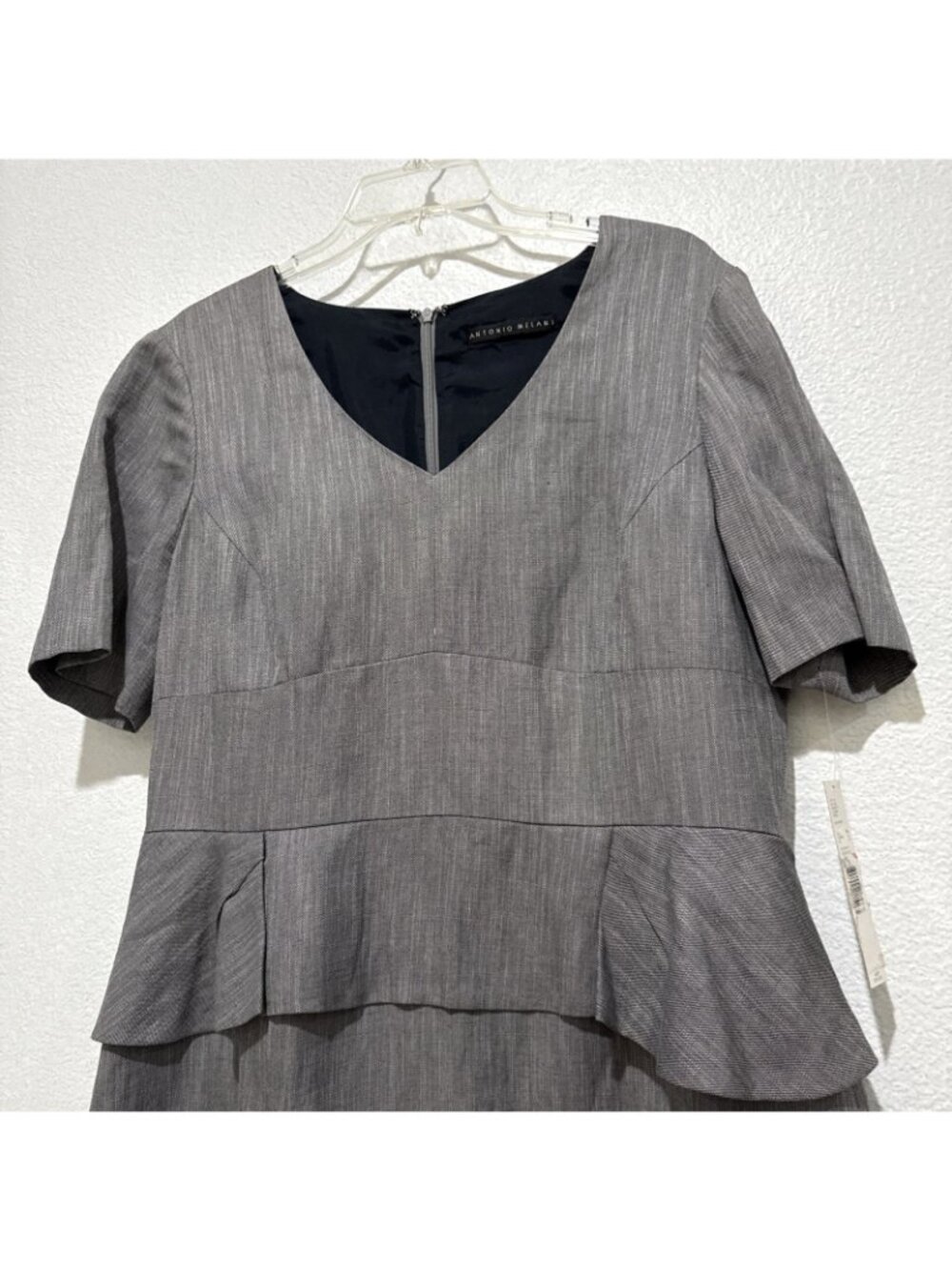 Antonio Melani Dress Navy Blue Gray Sheath Short Peplum Empire Size 14 - Picture 14 of 14